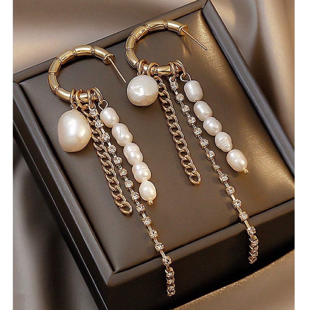 Gold Tone Faux Pearl Rhinestone Dangle Earrings